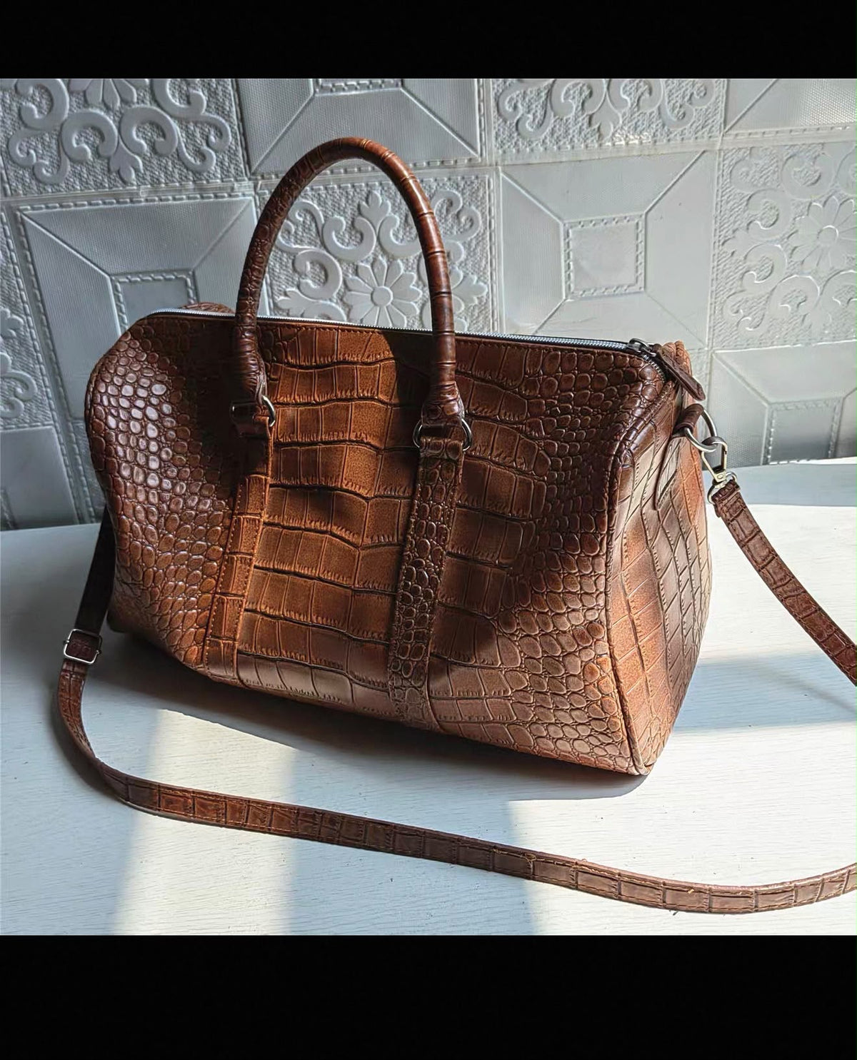 Retro Croc-Embossed Boston Bag