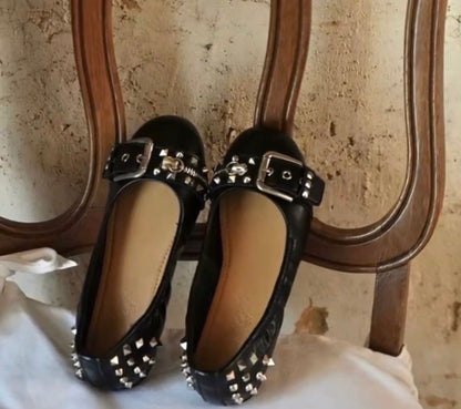 [FREE SOCKS] Studded Leather Ballet Flats